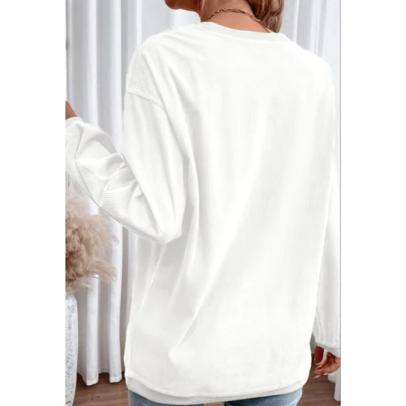 Mardi Gras Sequin Patch Oversized White Corded Sweatshirt - Picture 5 of 8